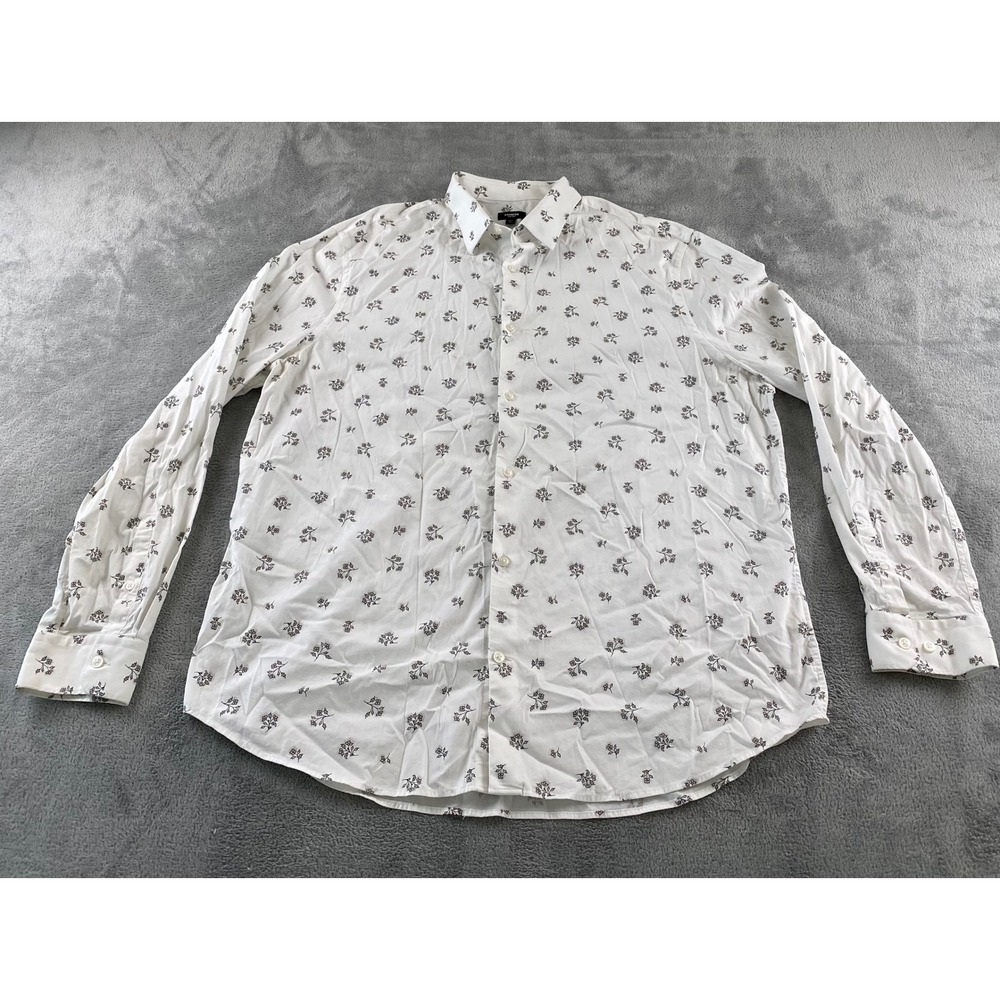 Express Slim 1MX Mens XL White Brown Floral Sprig Long Sleeve Button Down Shirt